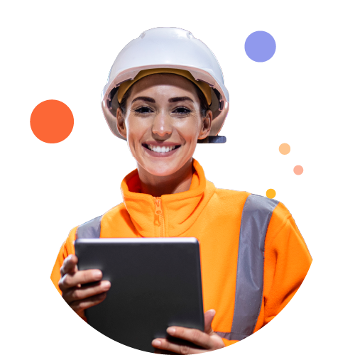 Woman in hard hat holding iPad.