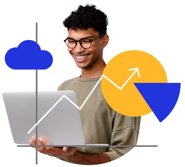 Man looking at laptop. Yellow circle overlays his shoulder, and a blue triangle representing a piece of a pie chart. 