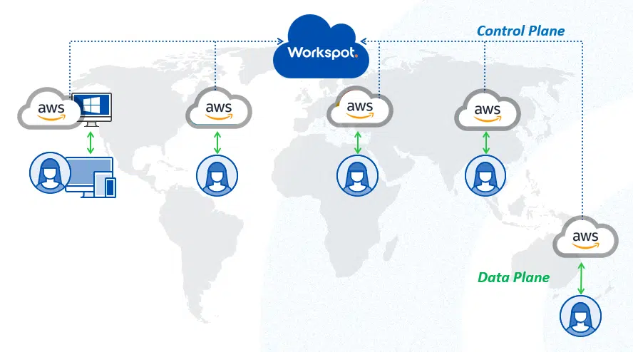 Image of world map and diagram overlaid showing Workspot and multiple instances of AWS reaching different users across countries.