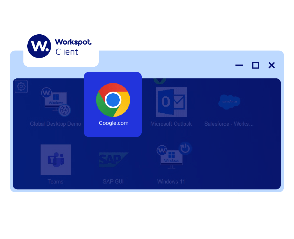 Illustration of a virtual desktop with the Google Chrome icon enlarged and the Workspot Client logo sits at the top. 