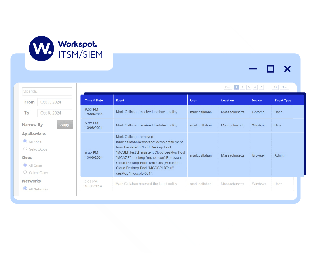 Screenshot of Workspot ITSM/SIEM data table.