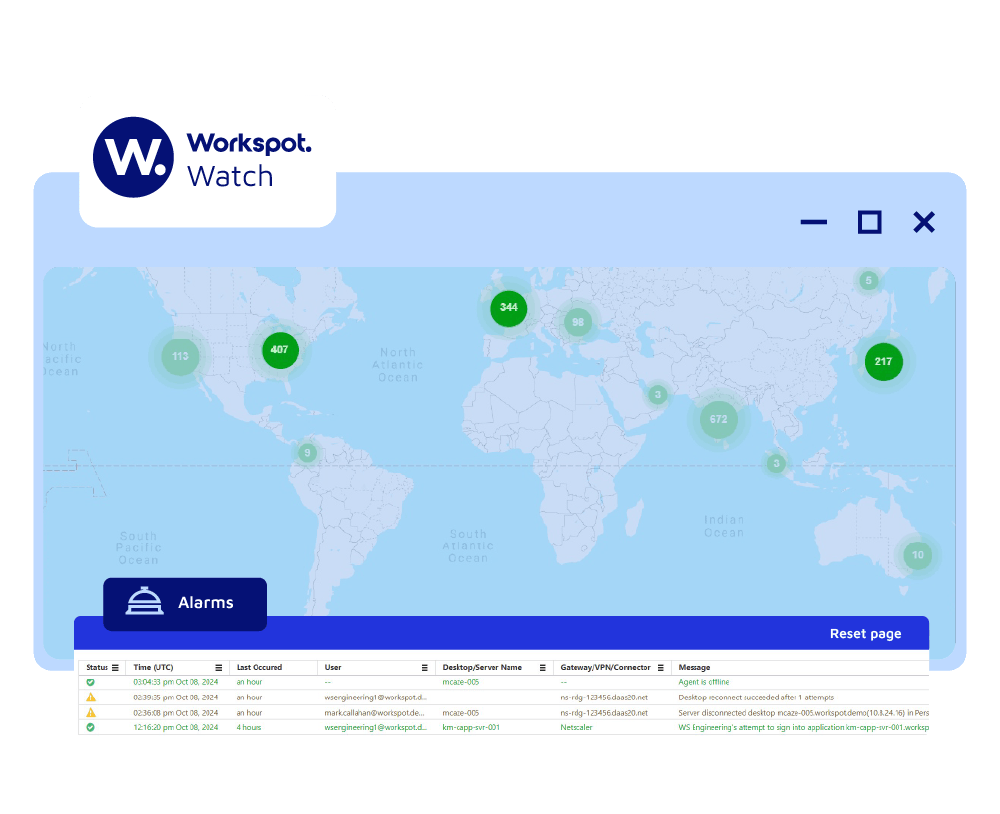 Global map showing notifications across various locations. The Workspot Watch logo sits at the top of the map. 